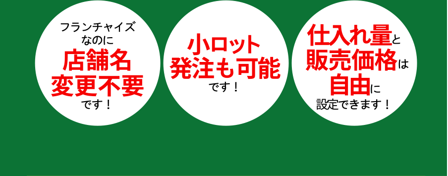 フランチャイズなのに店舗名変更不要です！/小ロット発注も可能です！/仕入れ量と販売価格は自由に設定できます！